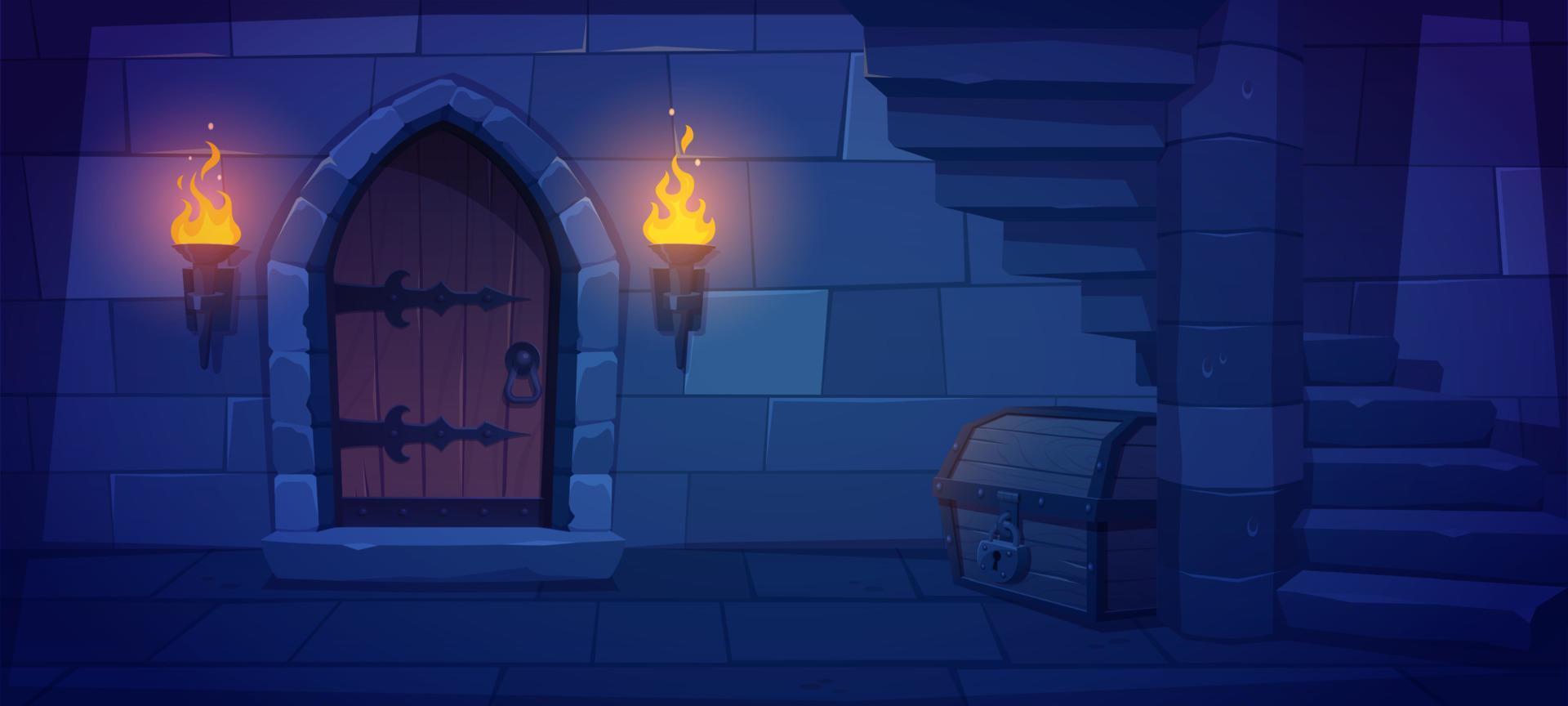 Underground dungeon with wooden door, torch fire vector