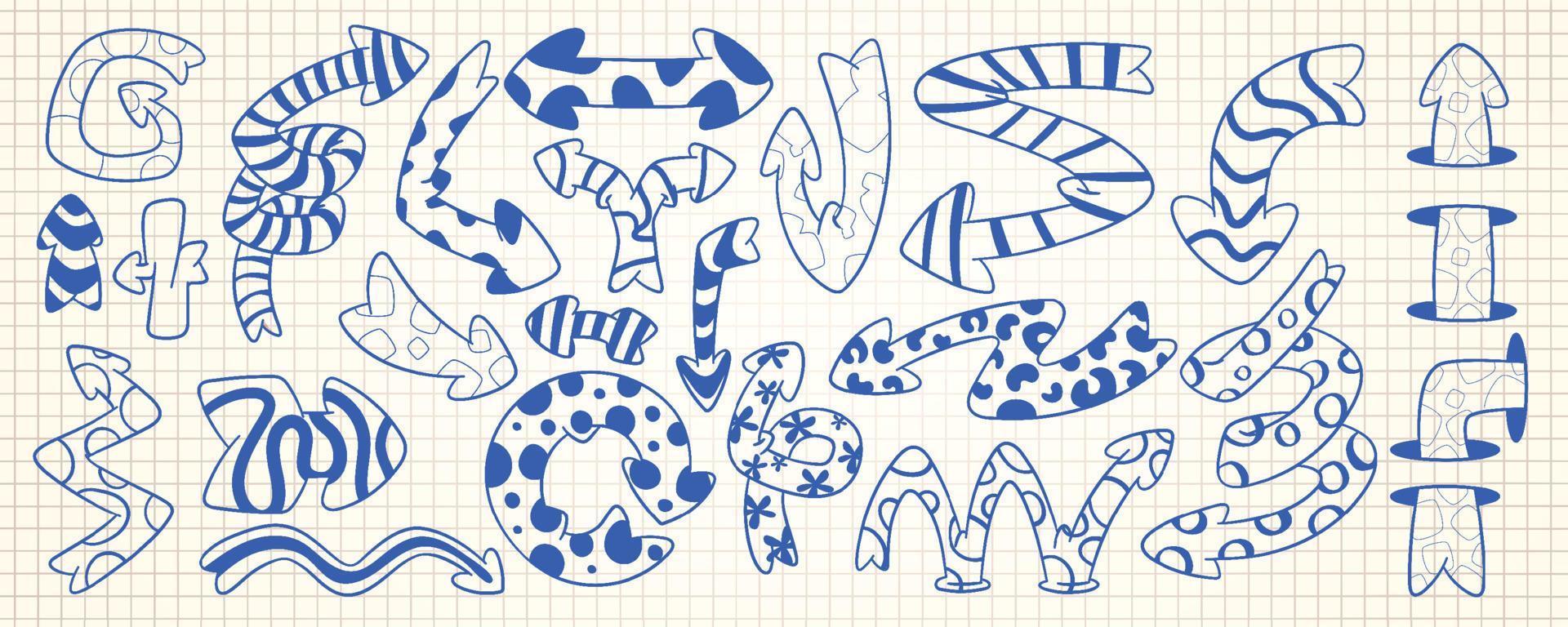Doodle set of blue quirky arrows on grid paper vector