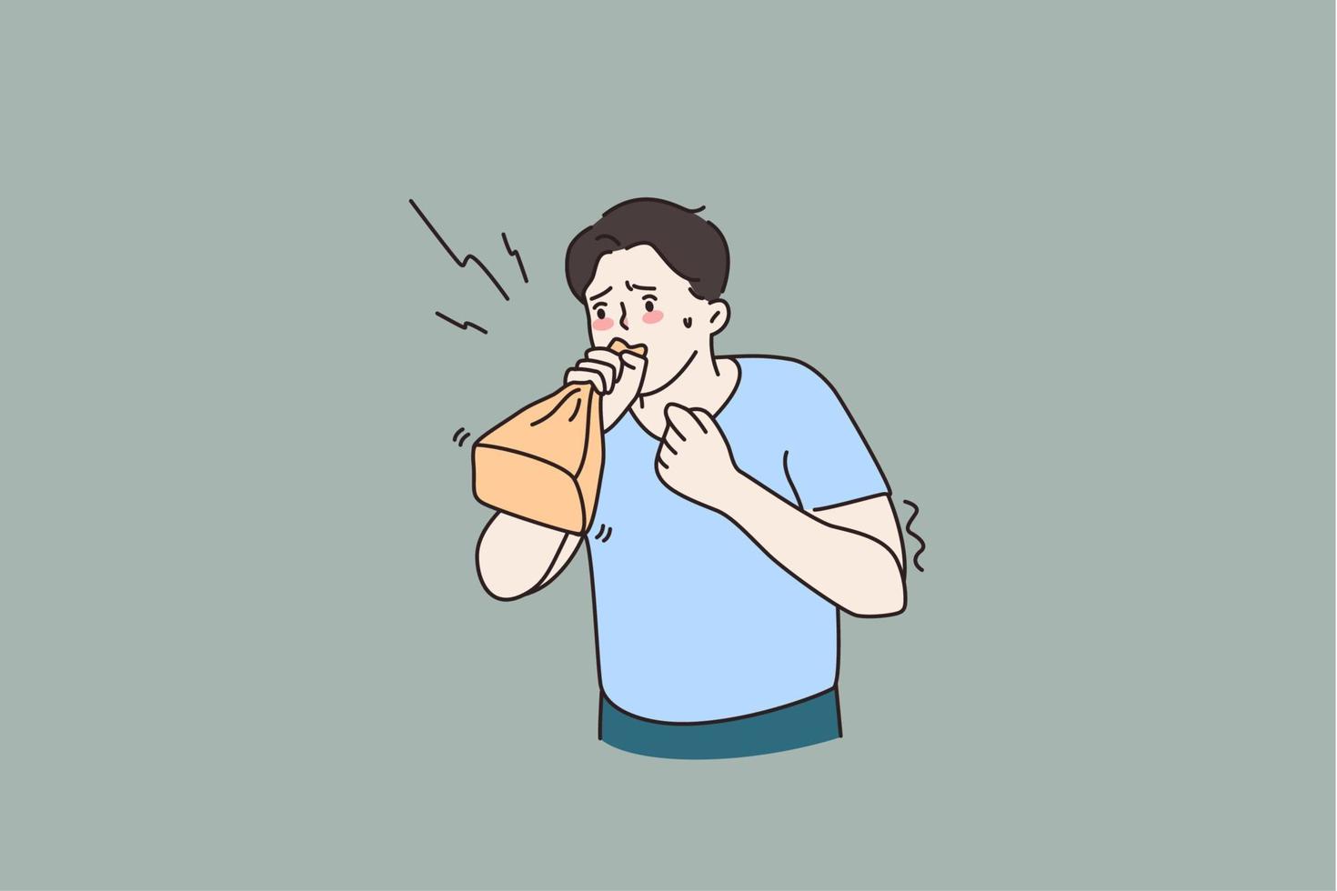 Anxious young man breathe in paper bug suffer from panic attack feel distressed worried. Unhappy male struggle with emotional nervous disorder. Mental health problem. Flat vector illustration.