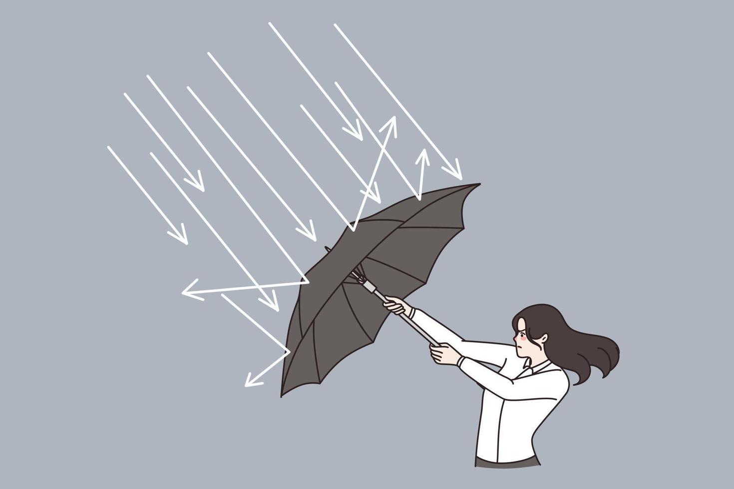 Business defending, challenge, strategy concept. Young business woman standing with umbrella and defending from arrows hitting her vector illustration