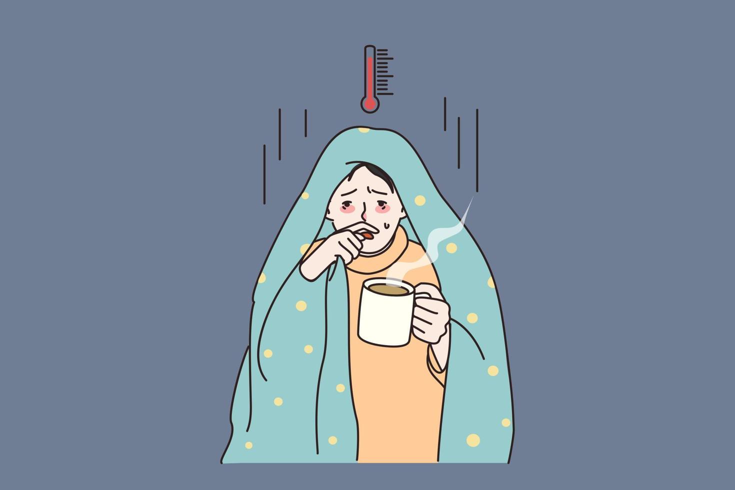 Unhealthy man covered in blanket feel sick unwell suffer with high temperature drink hot tea. Ill male struggle with flu or fever, have covid-19 symptoms. Corona concept. Flat vector illustration.