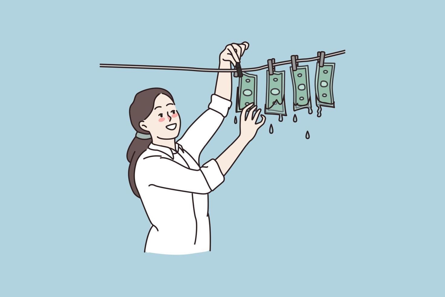 Smiling woman drying laundering money on rope. Criminal female wash illegally earned banknotes profit. Tax evasion and corruption. Dirty money concept. Flat cartoon vector illustration.