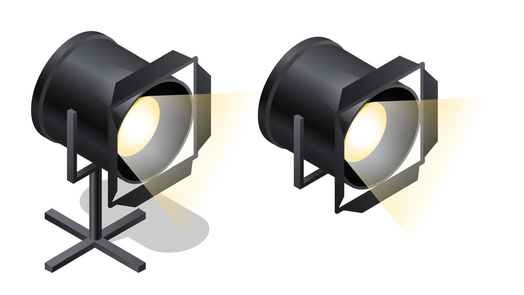 Stage spotlights isometric icons, cartoon vector