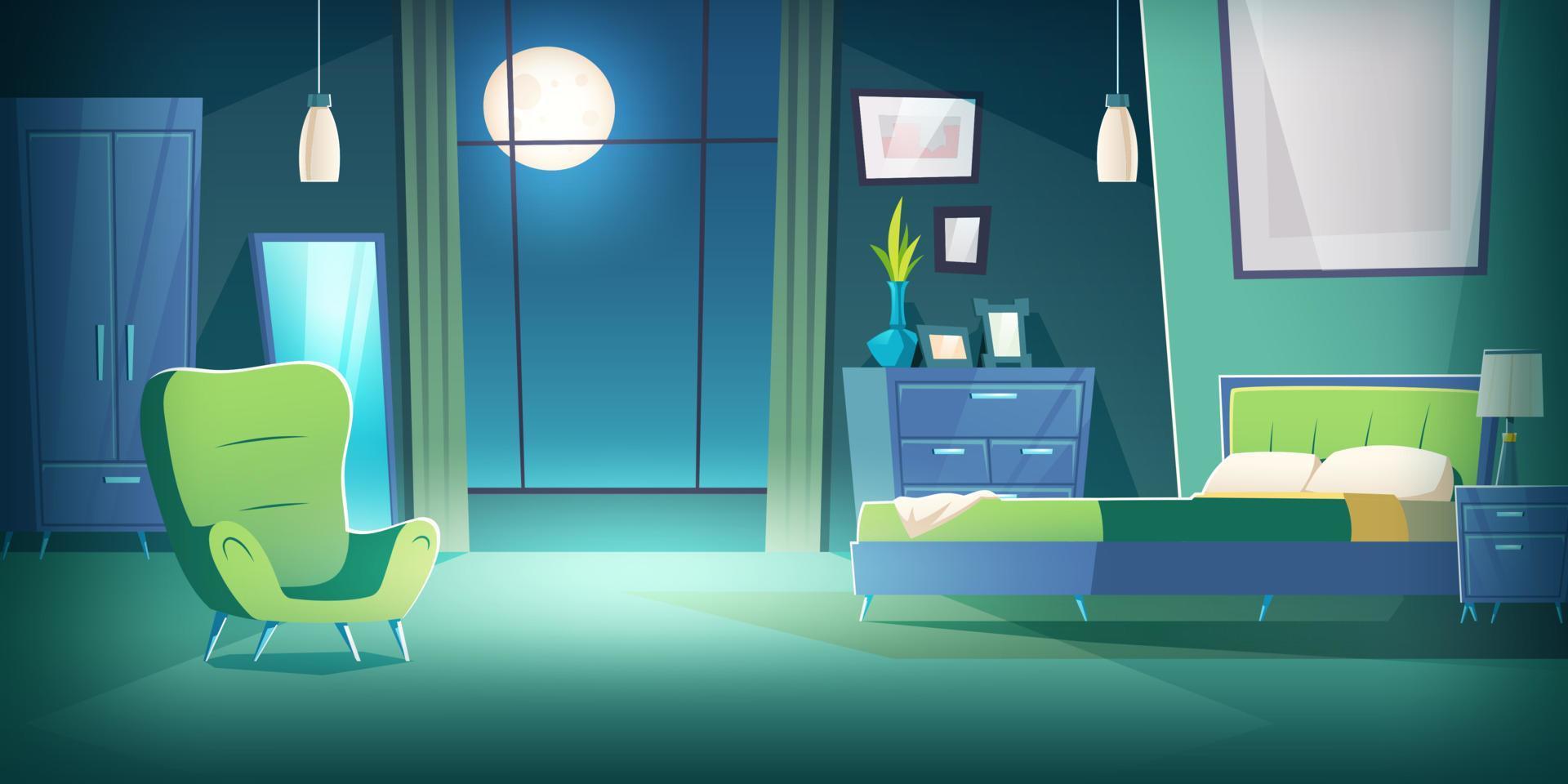 dormitorio interior a noche con luz de la luna dibujos animados vector