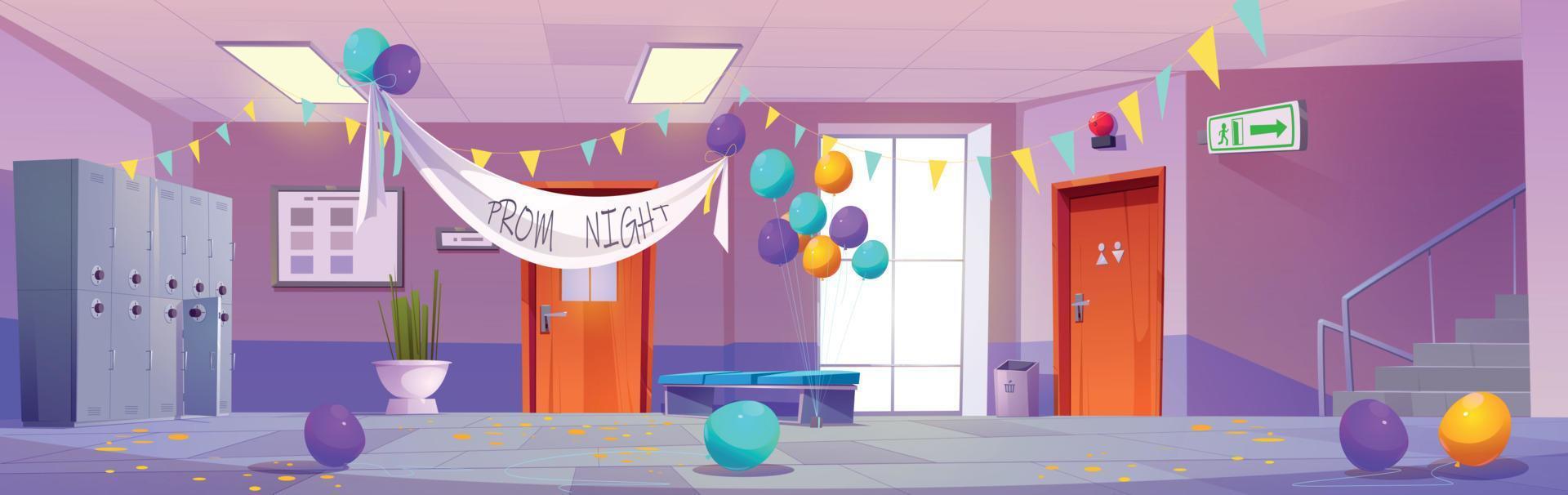 Mess in school hallway after prom night party vector