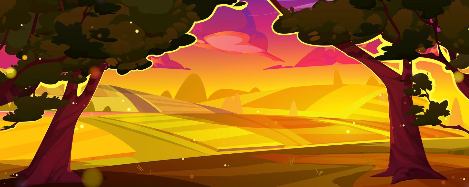 puesta de sol paisaje con granja campos, arboles y río vector