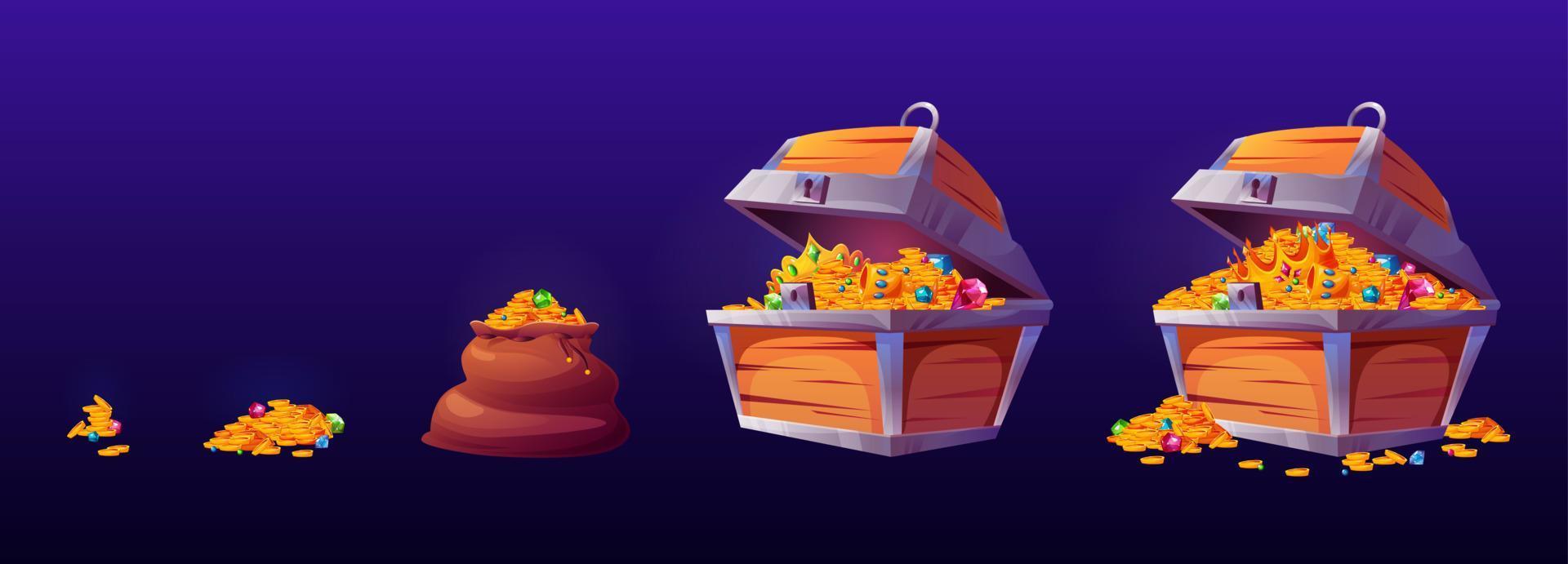 Pirate treasure icons with gold coins in chest vector