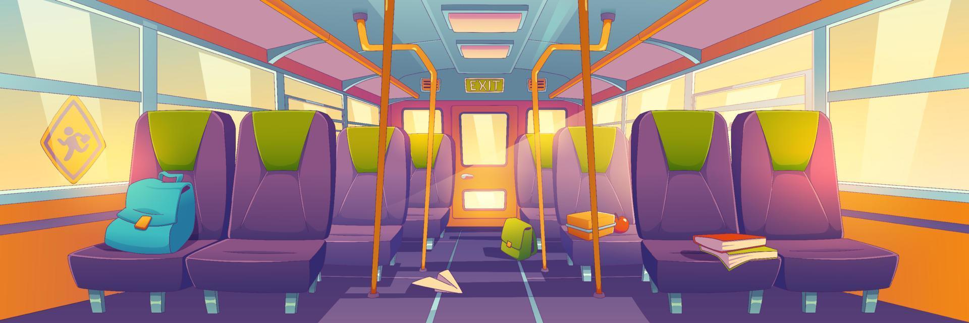 Empty school bus interior with book on seat vector