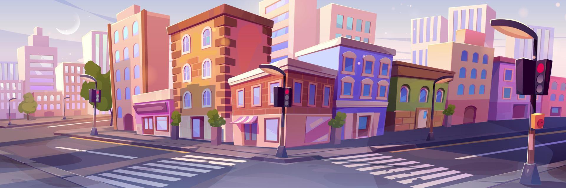 City street corner with buildings, traffic lights vector