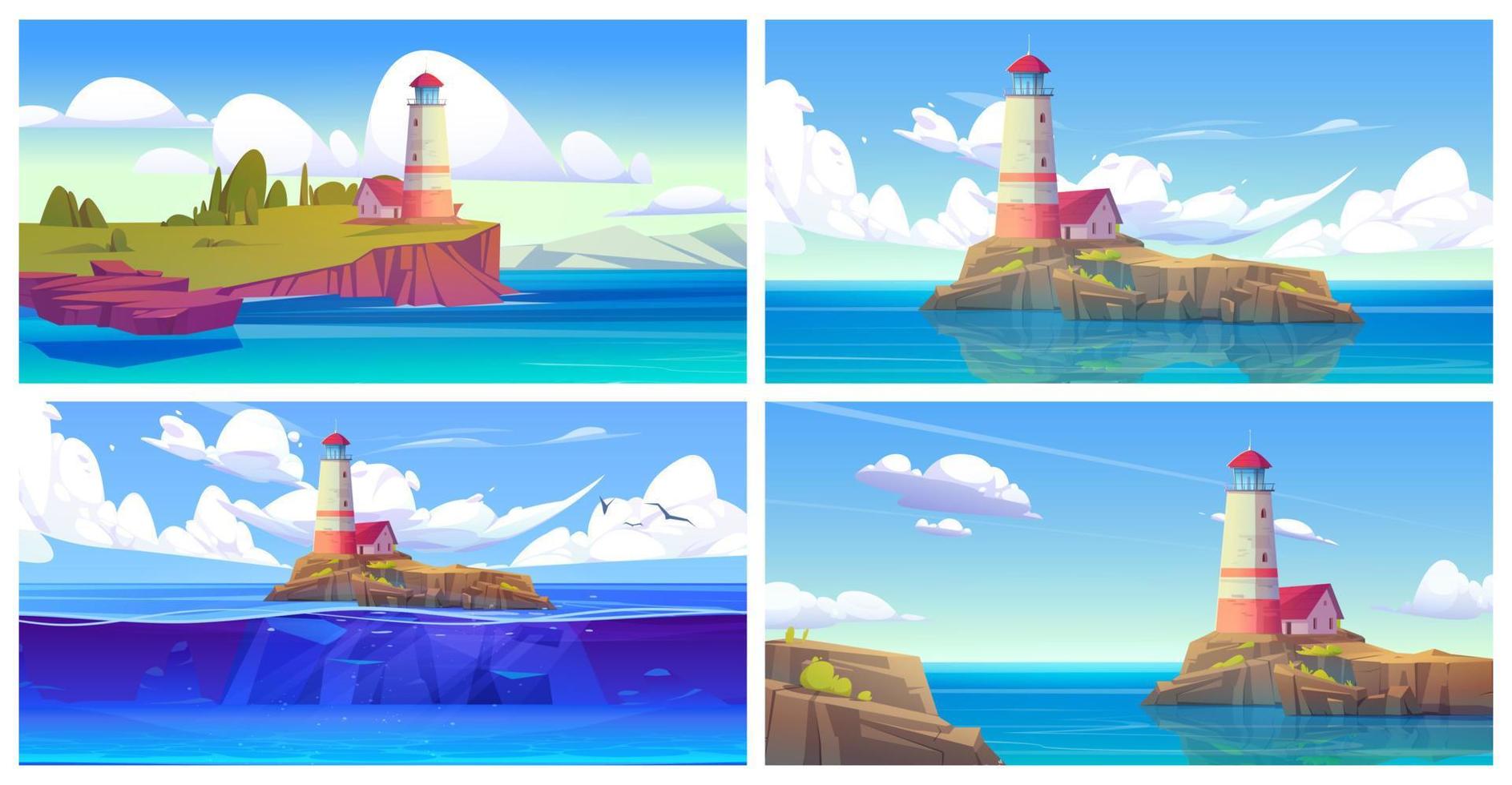Cartoon set of seascape with lighthouse on island vector