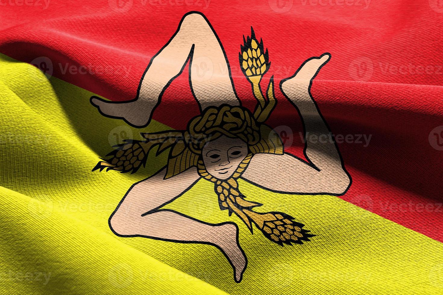 3D illustration flag of Sicily is a region of Italy. Waving on t photo