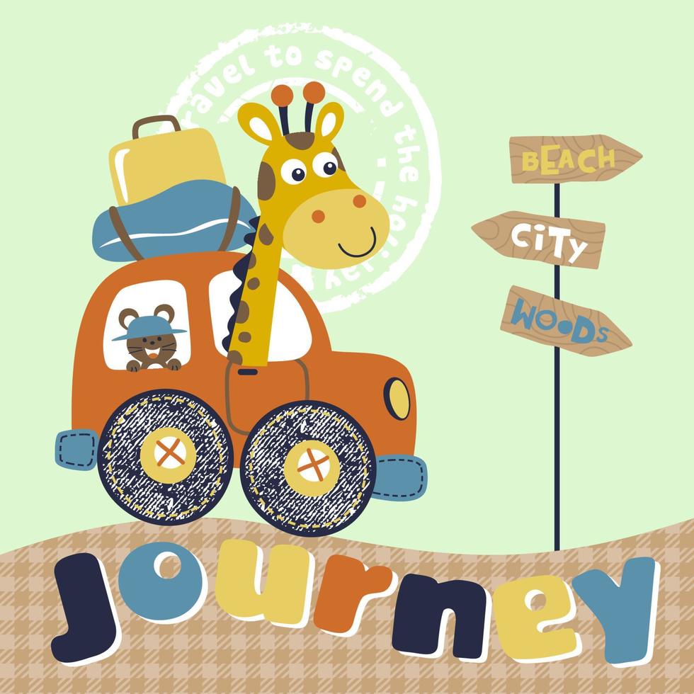 Vector cartoon illustration of funny giraffe with mouse on car
