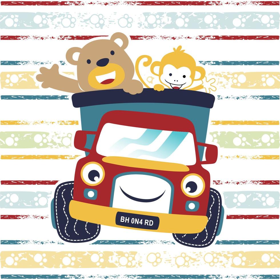 Vector cartoon illustration of funny bear with monkey on truck on colorful striped background