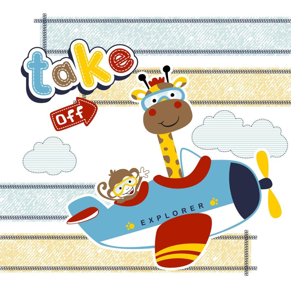 cute giraffe with monkey on airplane, vector cartoon vector