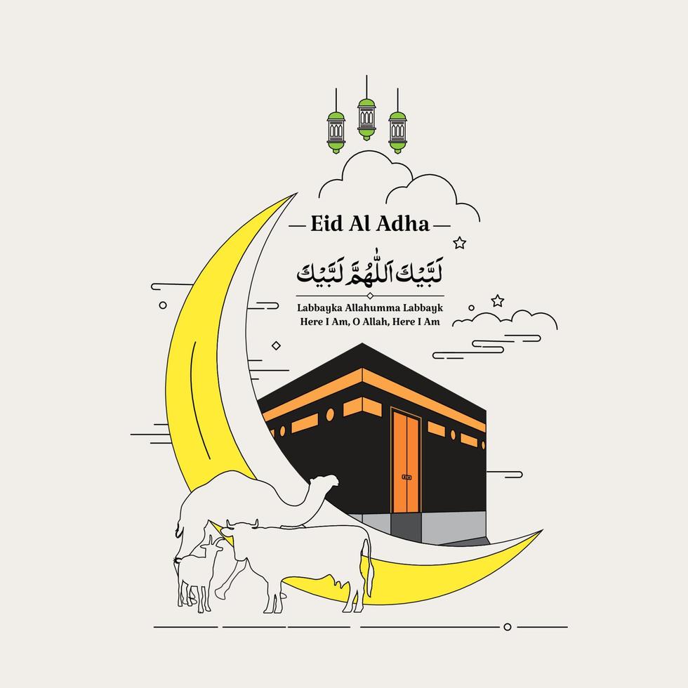 Eid Al Adha With Islamic Hajj Talbiyah In Calligraphy vector