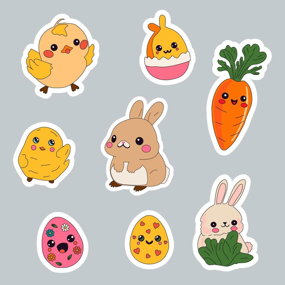 Spring Easter sticker set with rabbits and chickens and eggs vector