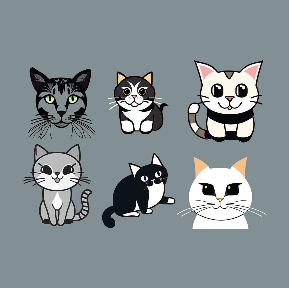 6 Type Of Unique Cat Vector Art Icon Illustration