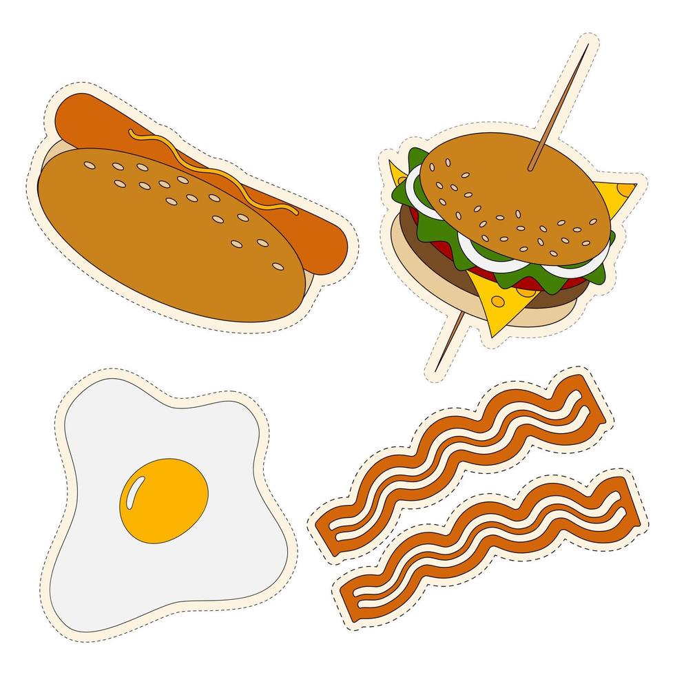 Hamburger, hot dog and a fried egg with strips of bacon. Sticker pack of 4 popular fast food types vector