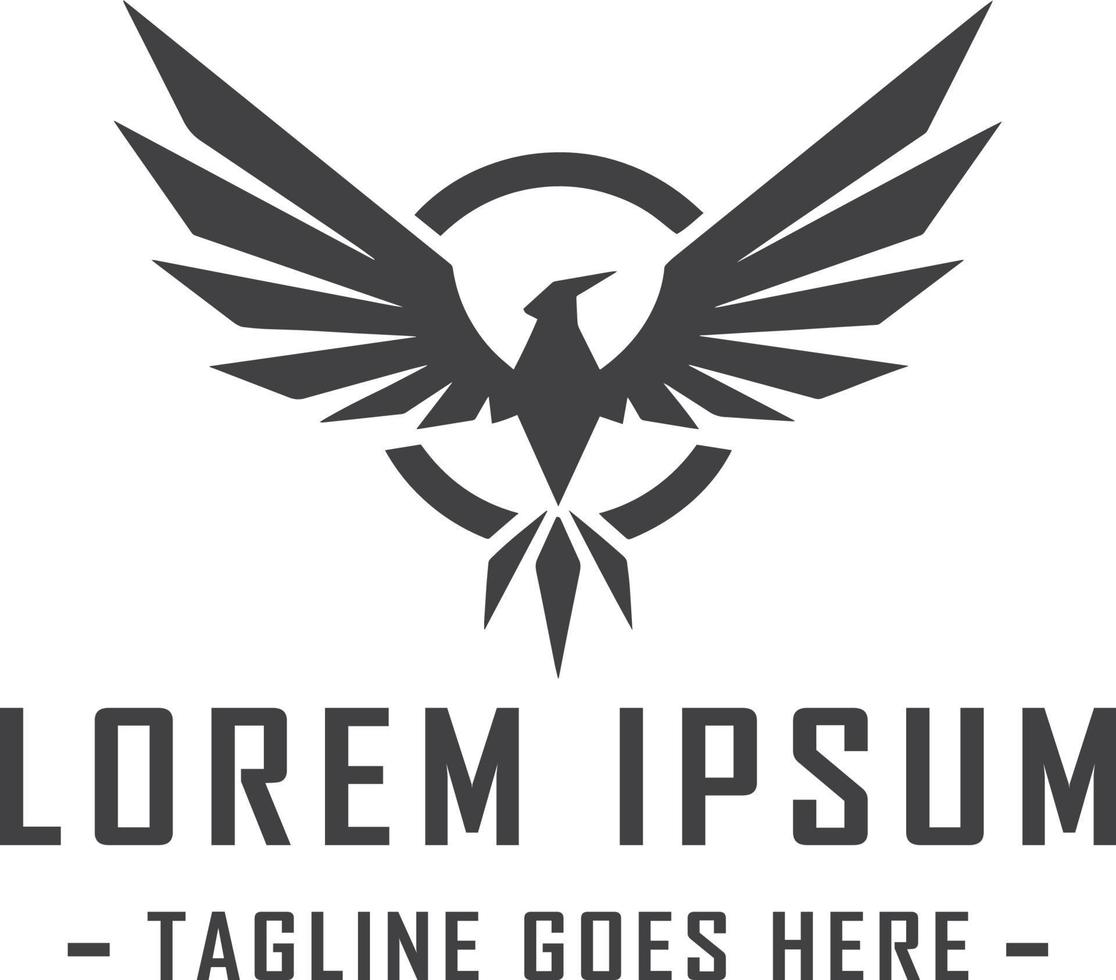 A unique and modern logo design featuring a flying raven with its wings spread wide. The logo is perfect for businesses in the entertainment or sports industry, representing power. vector