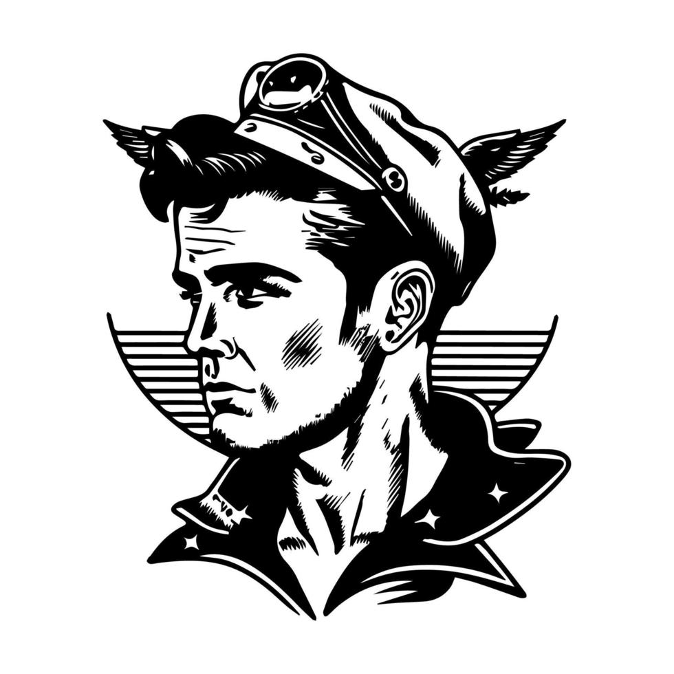 sailor captain of the ship logo line art hand drawn illustration vector