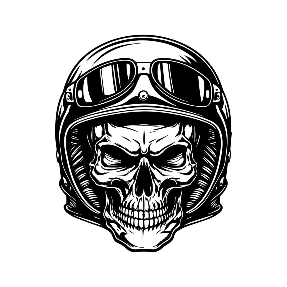 chicano skull biker wearing helmet hand drawn line art illustration vector