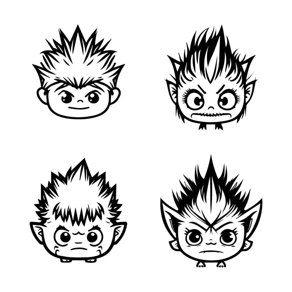 A cute anime troll head collection set featuring Hand drawn line art illustrations. Perfect for fans of fantasy creatures and kawaii art vector