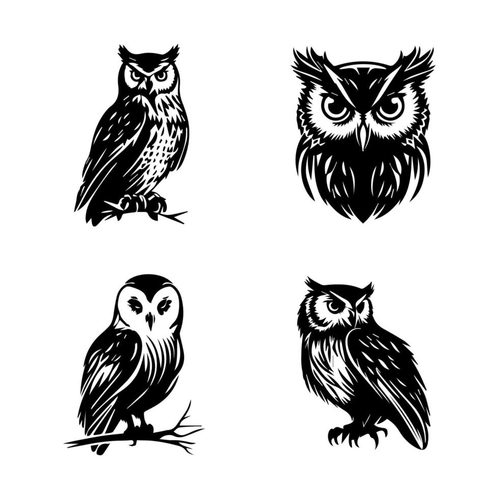 A collection set of Hand drawn owl logo silhouettes, perfect for nature or wildlife-themed designs. Each illustration is unique and intricate vector
