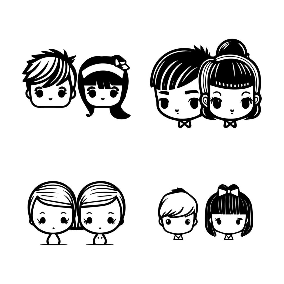 cute kawaii couple head logo collection set hand drawn illustration vector