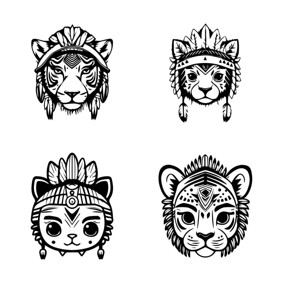linda anime Tigre cabeza vistiendo indio jefe accesorios colección conjunto mano dibujado ilustración vector