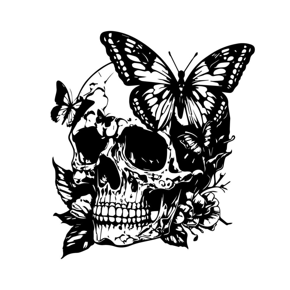 skull head and butterfly line art hand drawn illustration vector