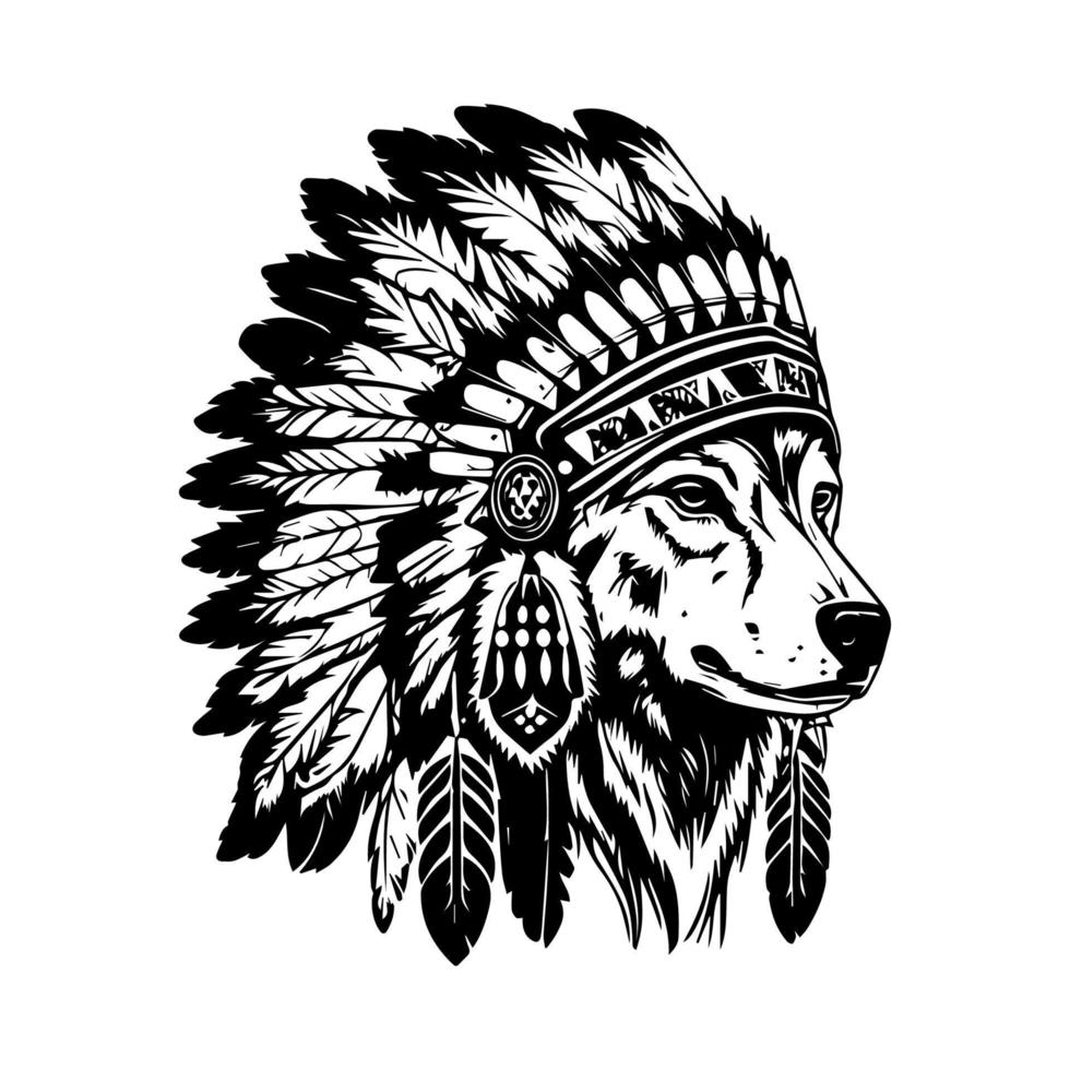 wolf wearing indian chief head accessories drawn illustration vector