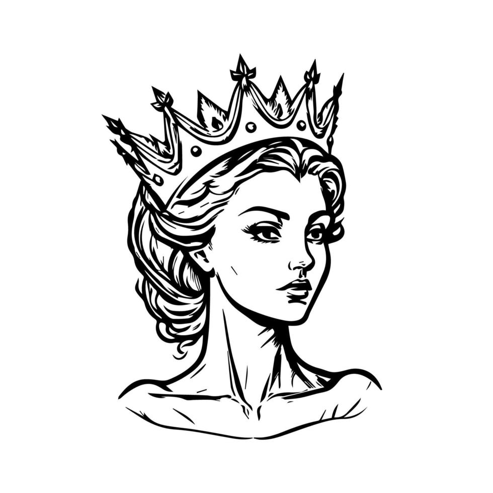 A stylish Chicano girl wearing crown in black and white, rendered in intricate Hand drawn line art illustration vector