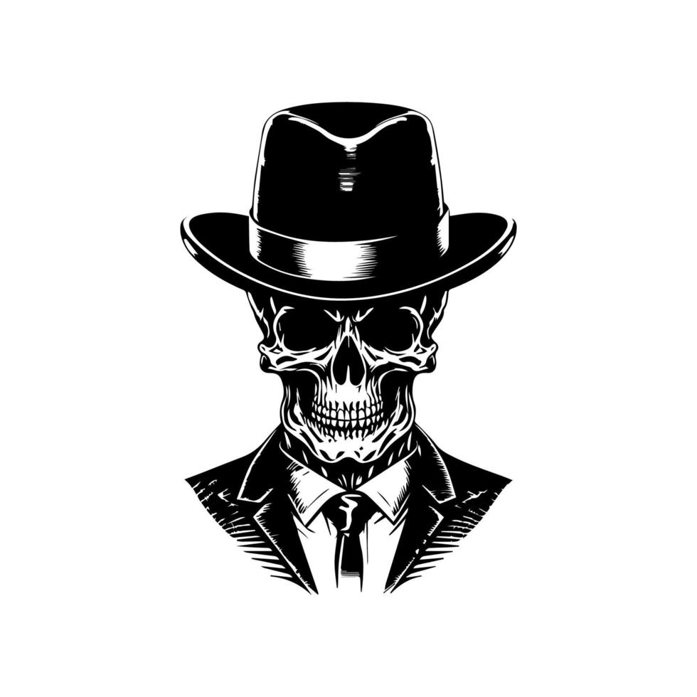 skull wearing suit and hat hand drawn illustration vector