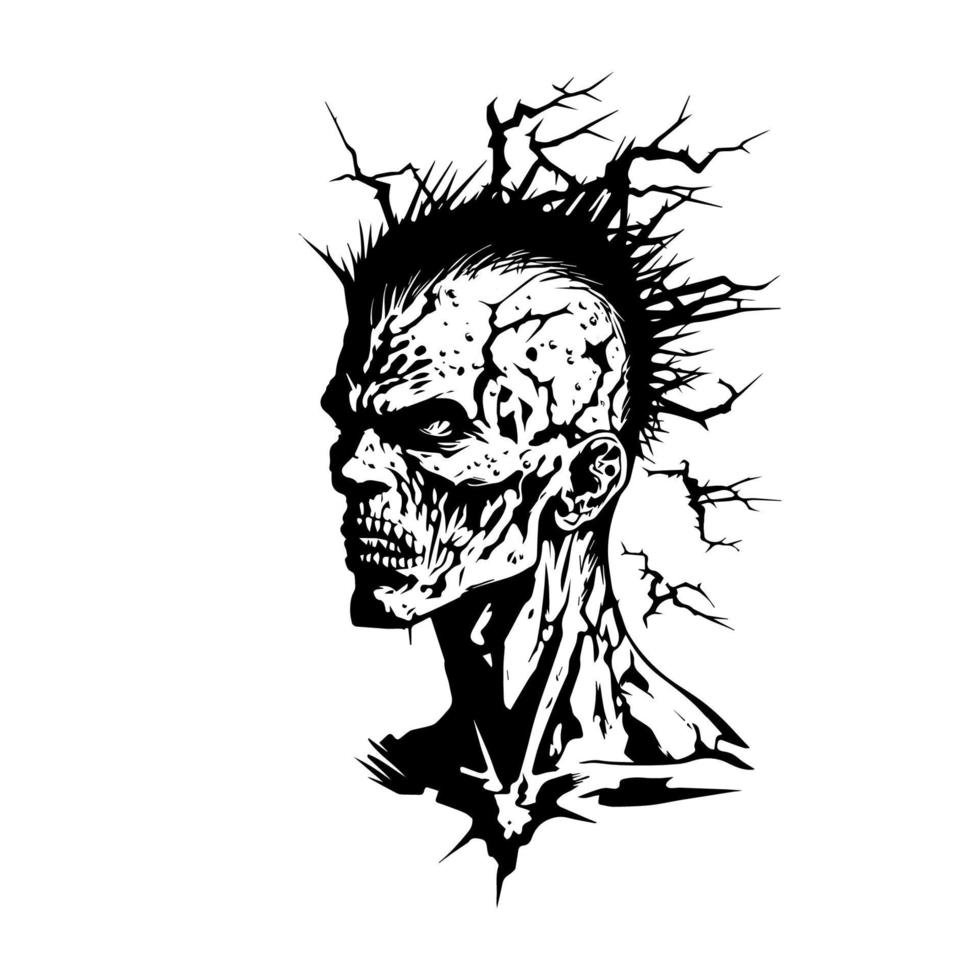 spooky zombie head halloween concept line art hand drawn illustration vector