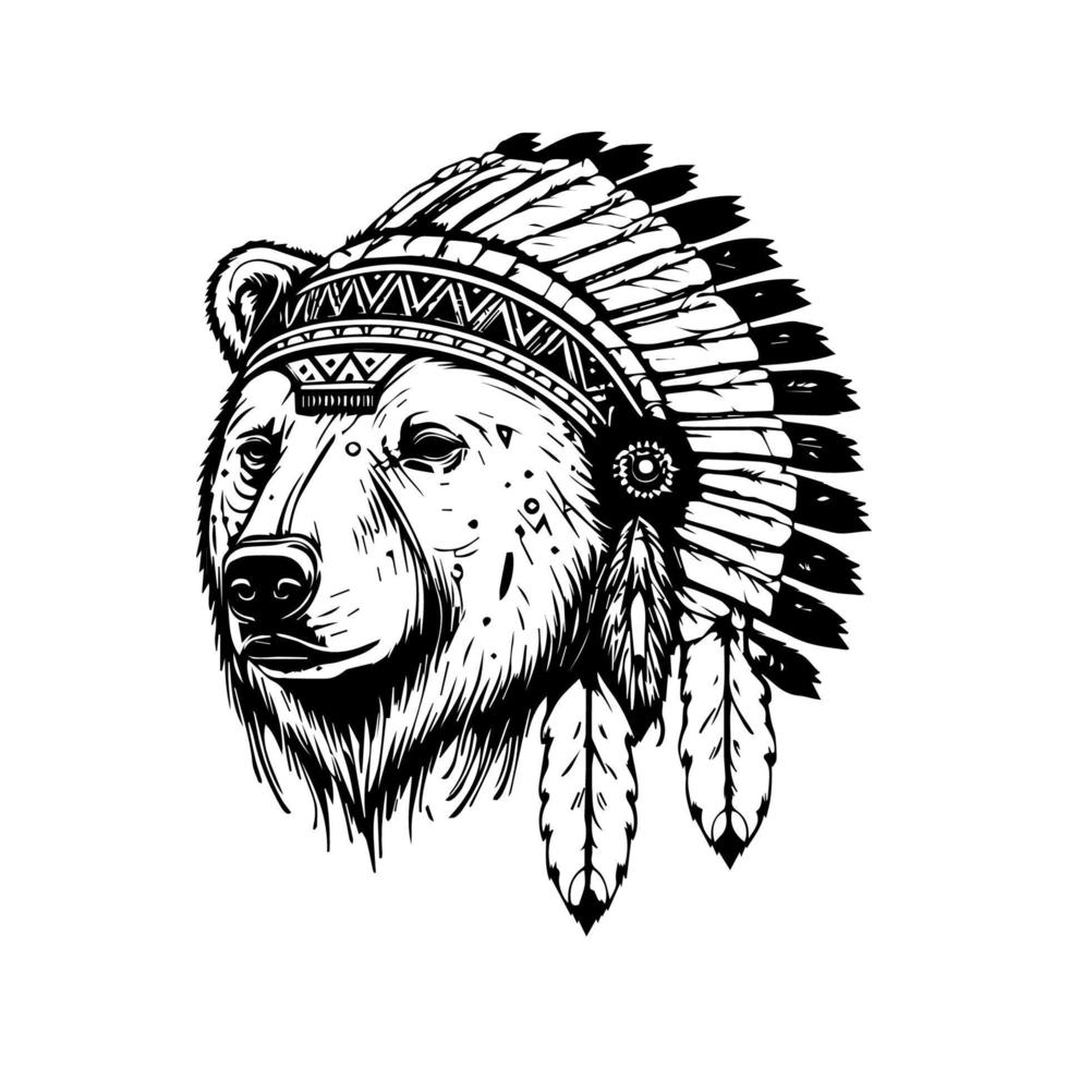 A fierce bear wearing an Indian chief's headgear in a Hand drawn line art illustration vector