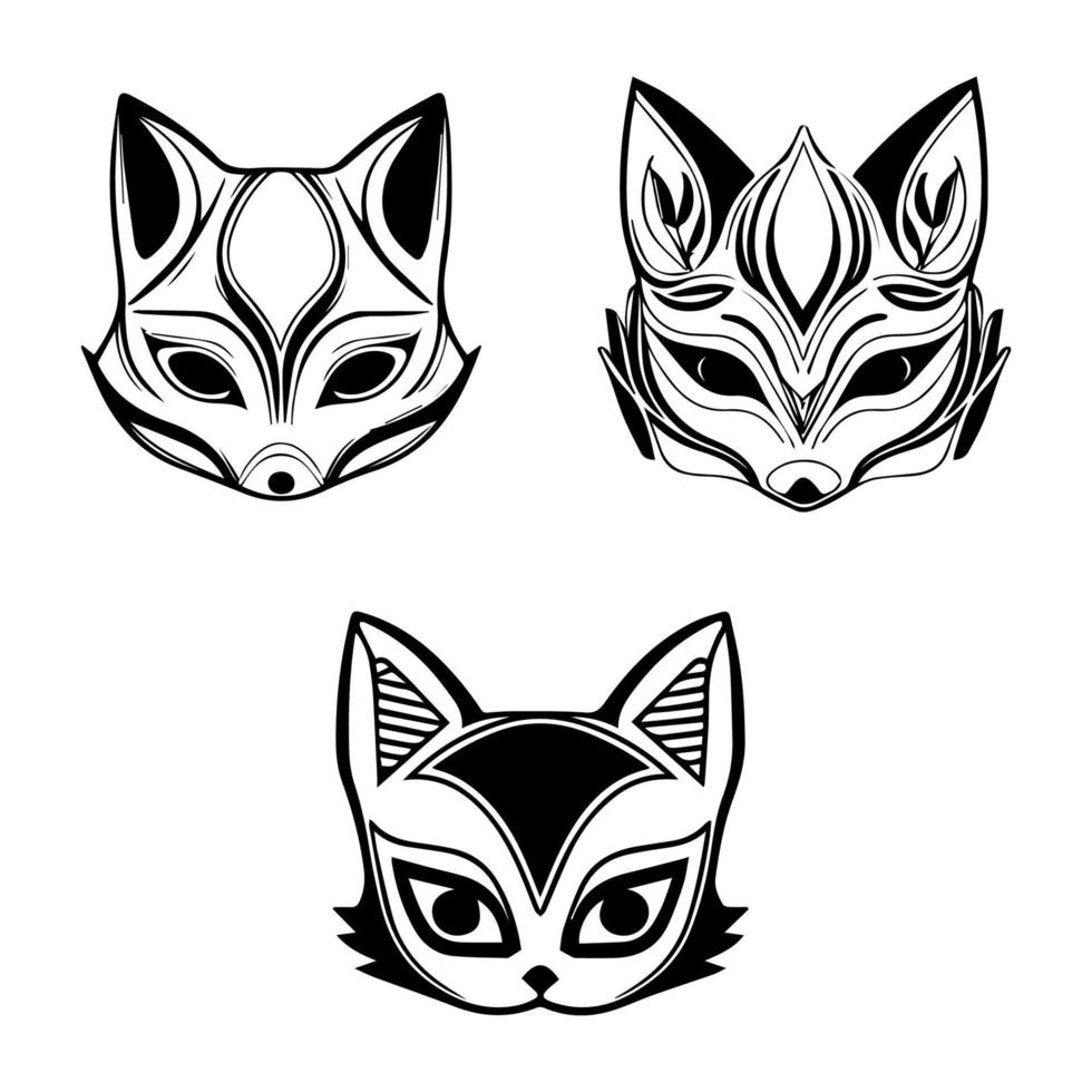 Enchanting and mystical Hand drawn collection set of cute Japanese kitsune masks, evoking a sense of traditional folklore and fox magic vector