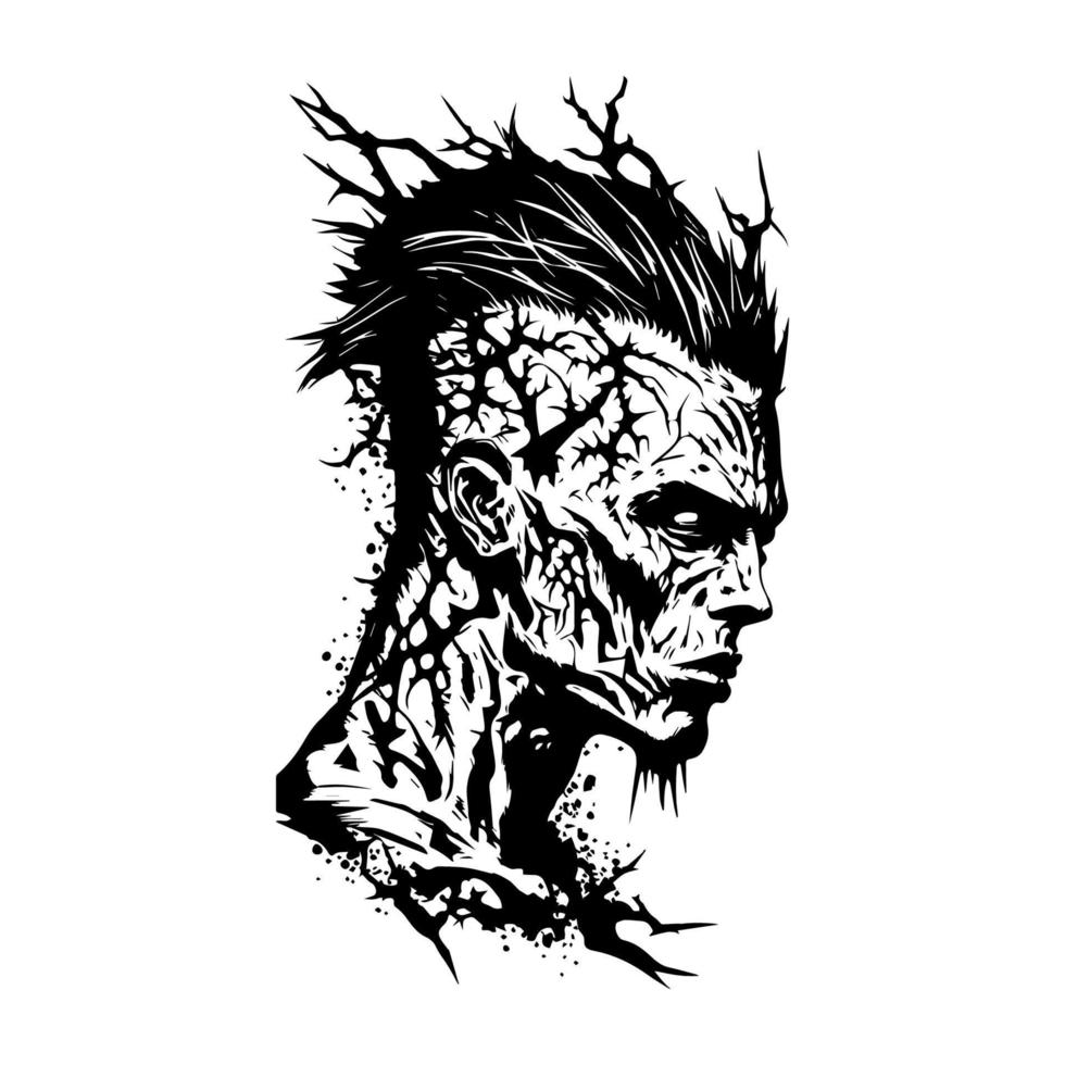 un escalofriante zombi cabeza ilustración Perfecto para Víspera de Todos los Santos con intrincado línea Arte detalles, mano dibujado para un único y Siniestro ambiente vector