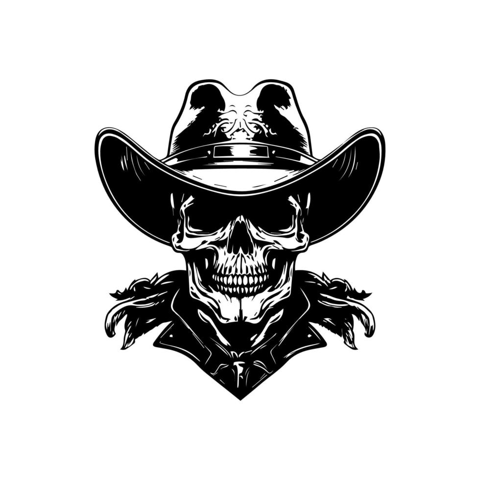 Smiling skull wearing cowboy hat  a Hand drawn illustration depicting a skull with a wide grin and a cowboy hat, full of character and personality vector