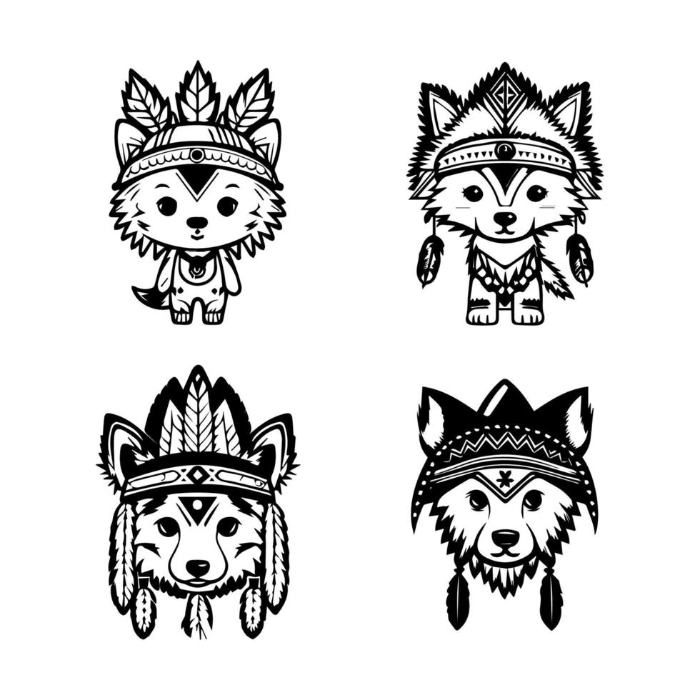 desatraillar tu salvaje lado con nuestra linda kawaii lobo logo vistiendo indio jefe accesorios recopilación. mano dibujado con amar, estos ilustraciones son Por supuesto a añadir un toque de alegría y fuerza vector