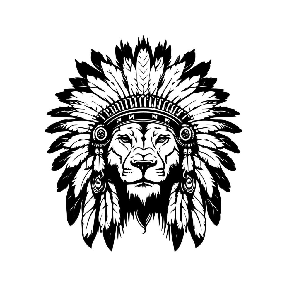 lion wearing indian chief head accessories collection set hand drawn illustration vector