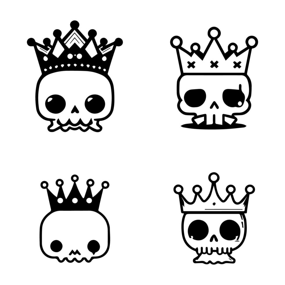 cute kawaii skull head with crown collection set hand drawn illustration vector