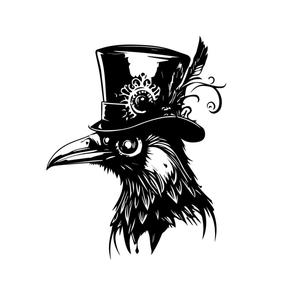 crow steampunk concept black and white lineart hand drawn illustration vector