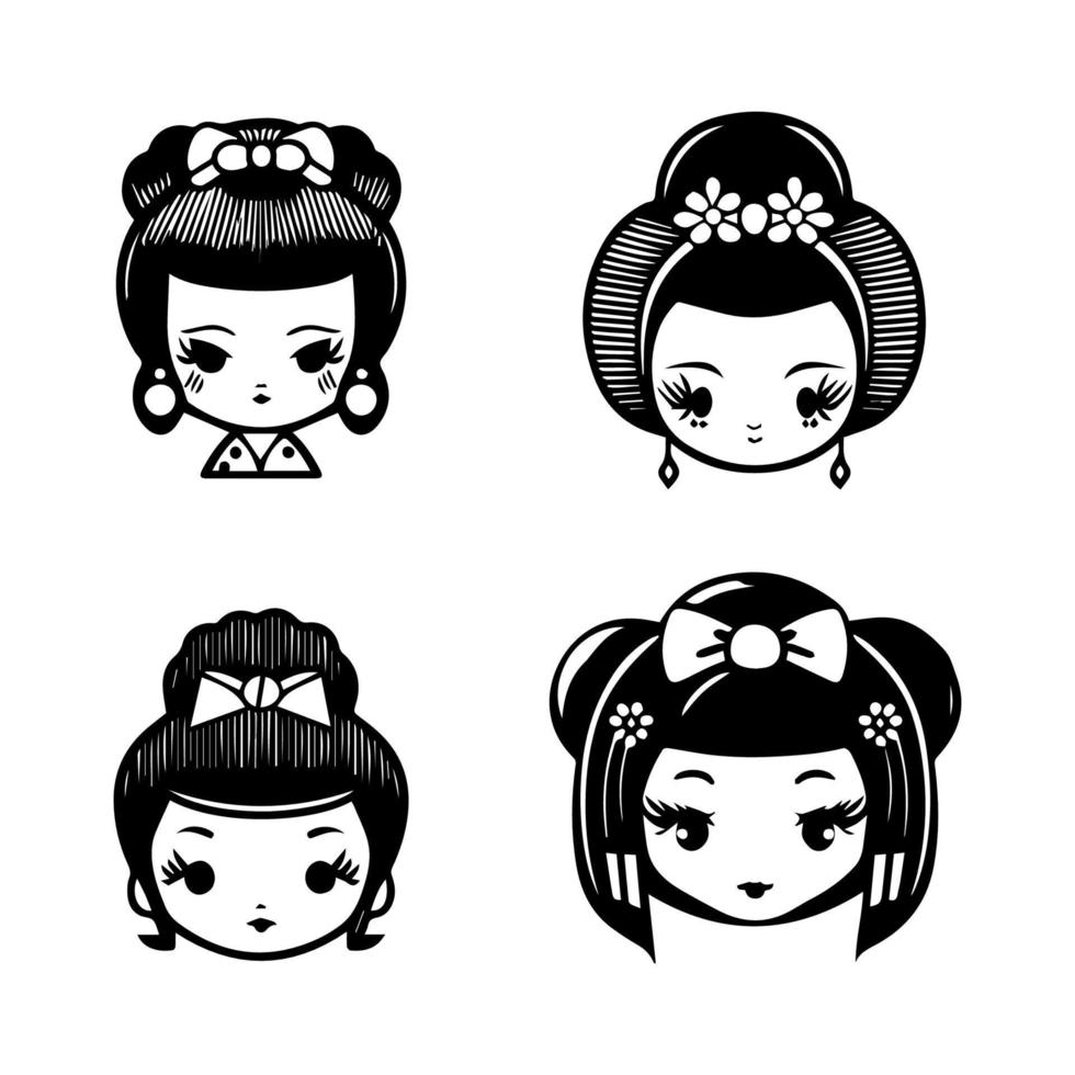 Captivating and charming Hand drawn kawaii collection set featuring cute anime Japanese geisha heads, showcasing traditional elegance and grace vector