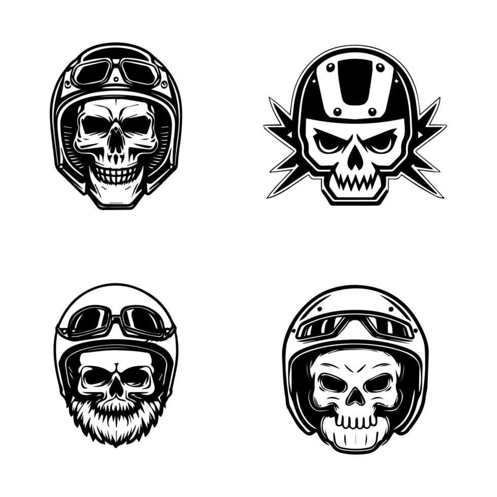 linda cráneo cabeza vistiendo motorista casco logo colección conjunto mano dibujado ilustración vector
