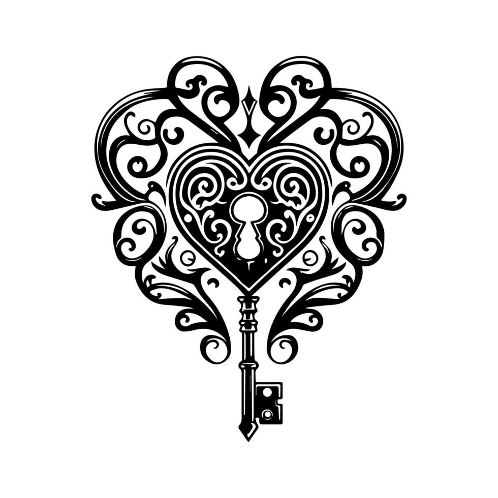 un sencillo aún elegante mano dibujado ilustración presentando un corazón y llave en negro y blanco línea Arte vector