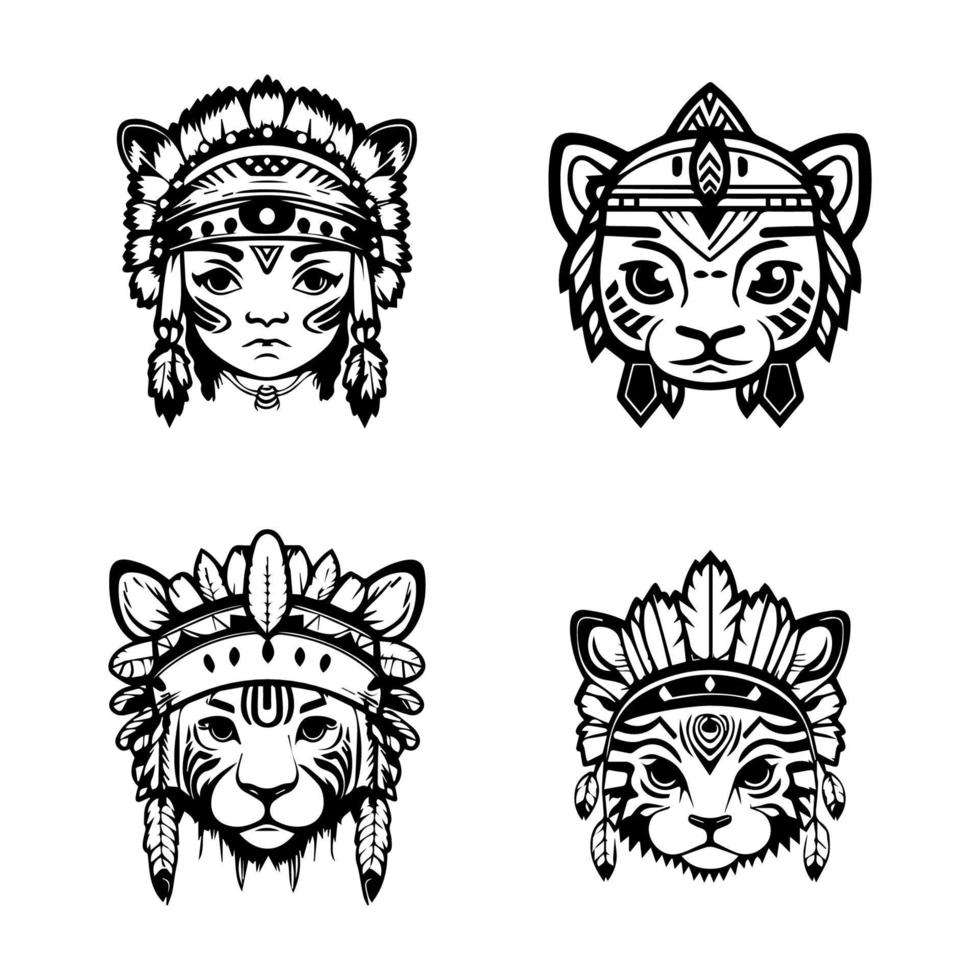 rugido dentro aventuras con esta linda anime Tigre cabeza vistiendo indio jefe accesorios. esta mano dibujado, kawaii colección conjunto es Por supuesto a deleite vector