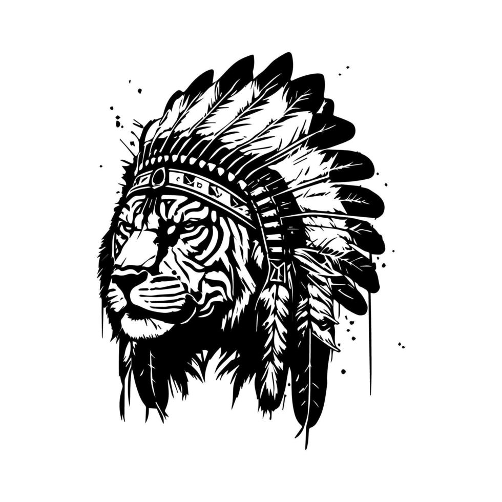 Fierce and powerful Hand drawn collection set of tigers wearing Indian chief head accessories, showcasing strength and cultural pride. vector