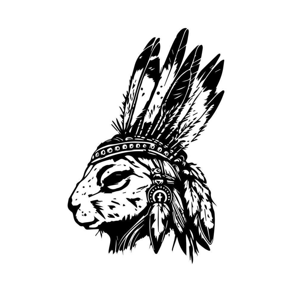 This collection set features Hand drawn illustrations of a cute rabbit wearing traditional Indian chief head accessories, perfect for any art lover vector