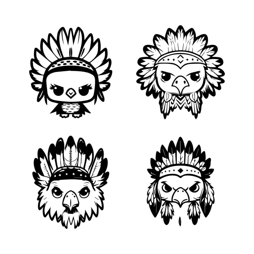 Unleash your inner warrior with our cute kawaii eagle head logo wearing Indian chief accessories collection. Hand drawn with love, these illustrations are sure to add a touch of strength and grace vector