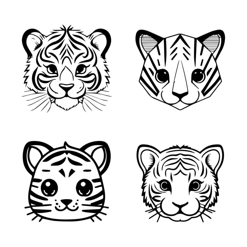 A set of Hand drawn, cute kawaii tiger head logos, featuring various expressions and poses in charming anime style illustrations vector